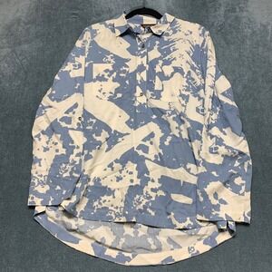 Multiples Popover Shirt Womens Large Blue White Abstract Print Roll Tab Sleeve
